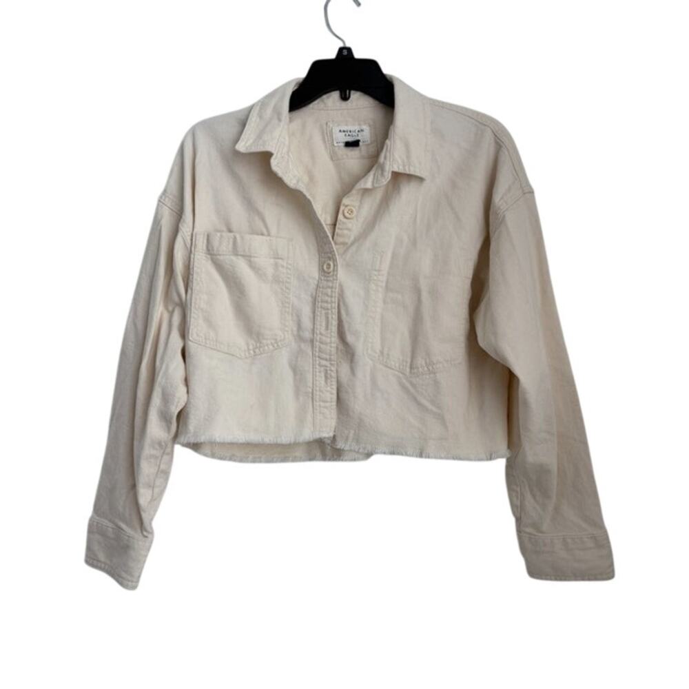 AE Womens Cream Cropped Denim Button-Up Shirt/Shacket Size XS/S - Picture 2 of 6